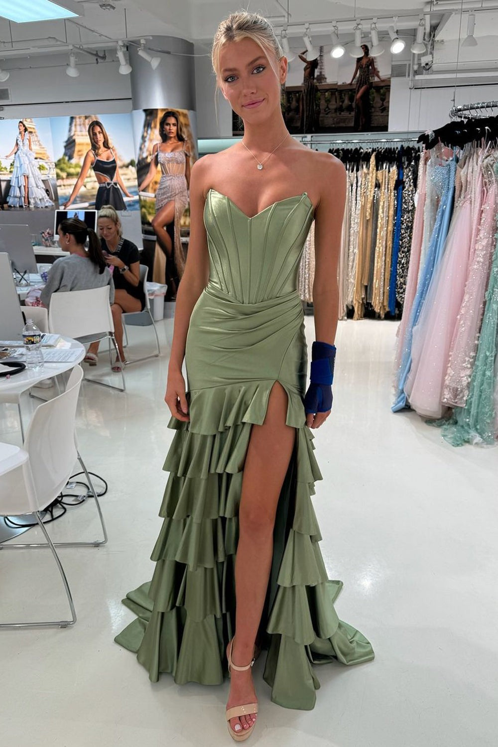 Mermaid Strapless Sage Green Satin Tiered Long Prom Dresses