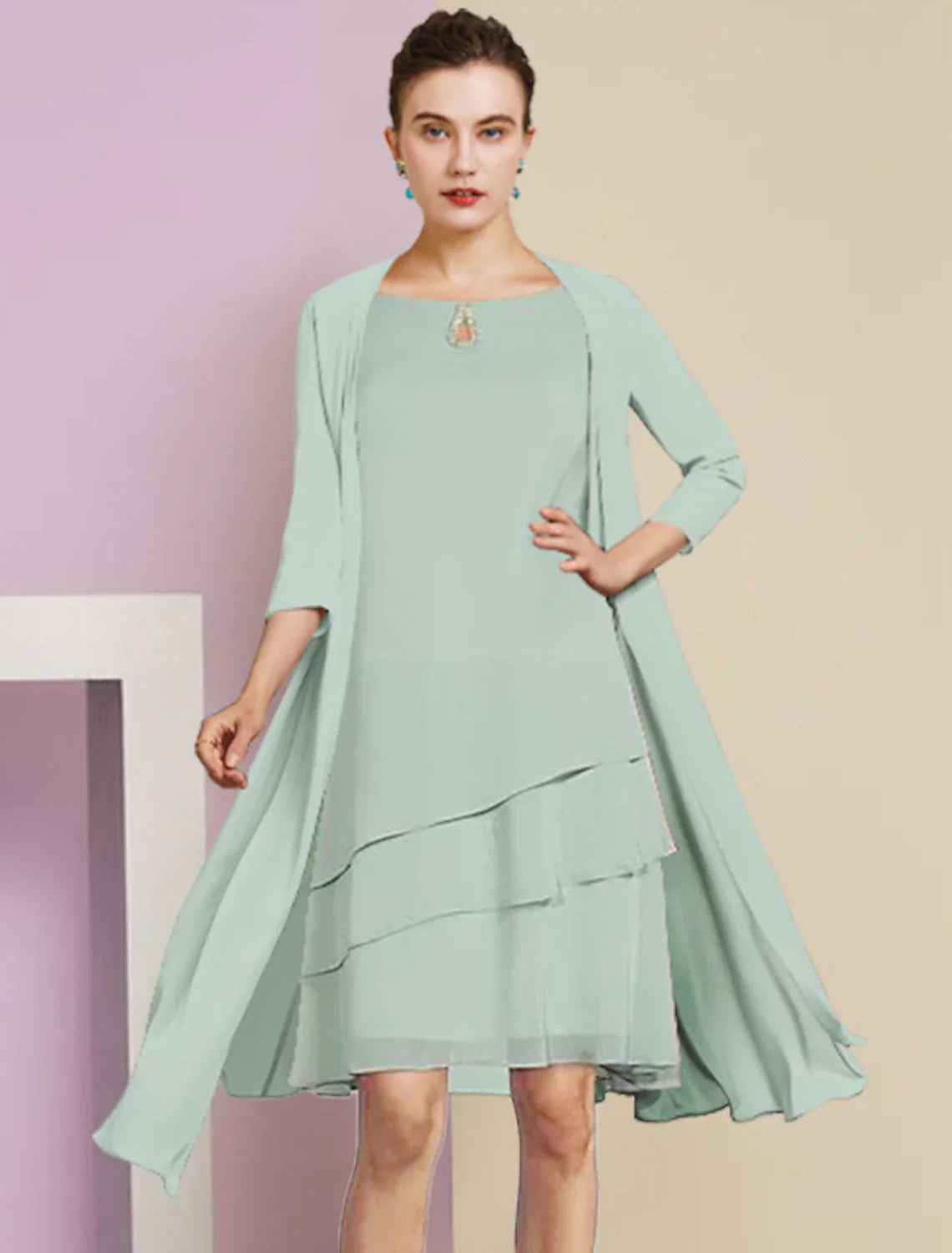 Aimishang  Two Piece A-Line Mother of the Bride Dress Formal Wedding Guest Elegant Scoop Neck Knee Length Chiffon 3/4 Length Sleeve with Tier
