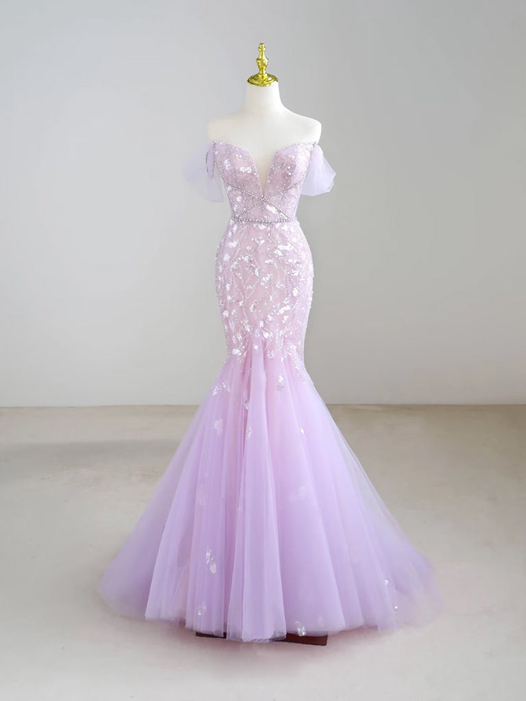Mermaid V neck Tulle Sequin Purple Long Prom Dress, Purple Long Formal Dress