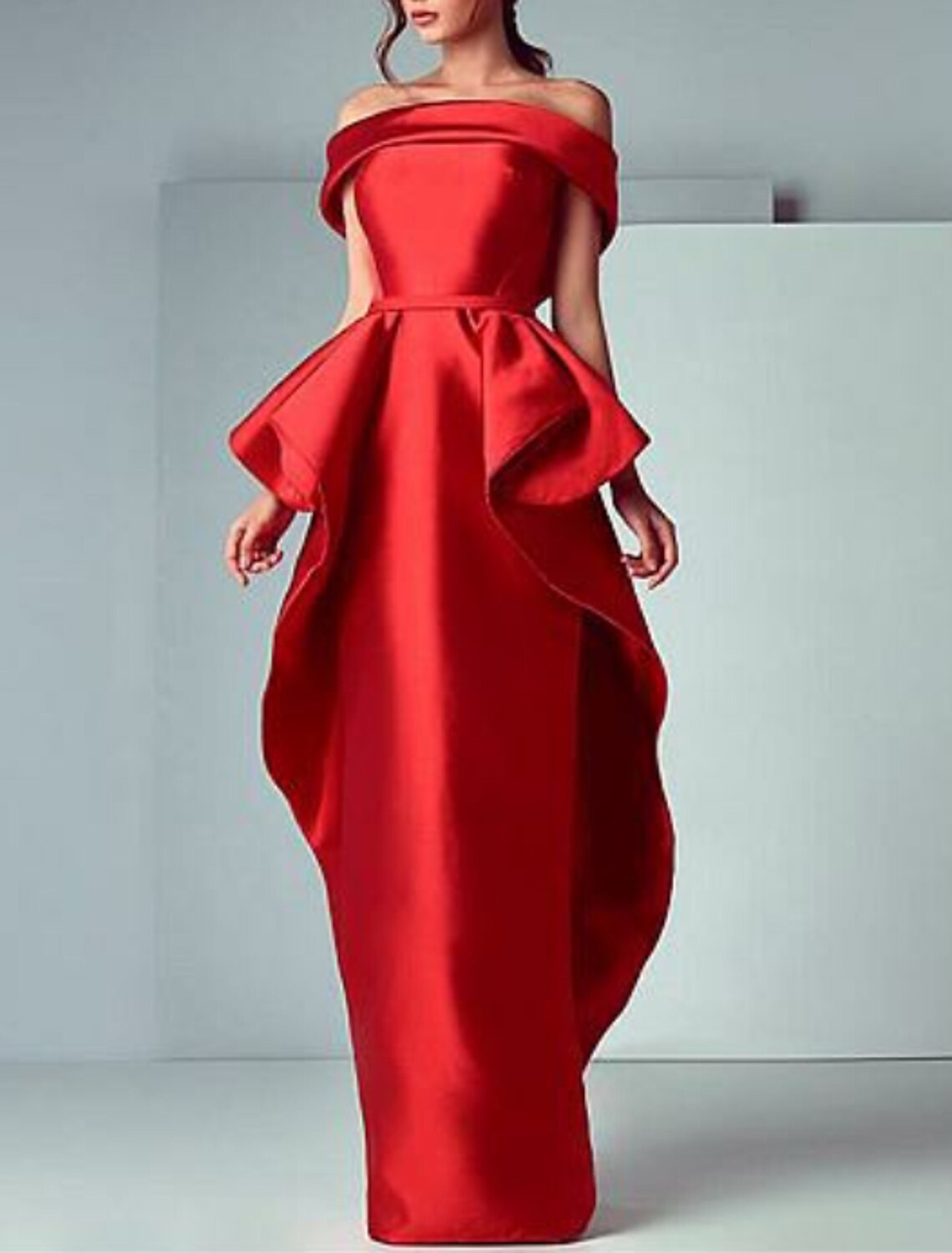 Sheath / Column Beautiful Back Prom Formal Evening Valentine's Day Dress Off Shoulder Short Sleeve Floor Length Satin with Ruffles Tier 2025