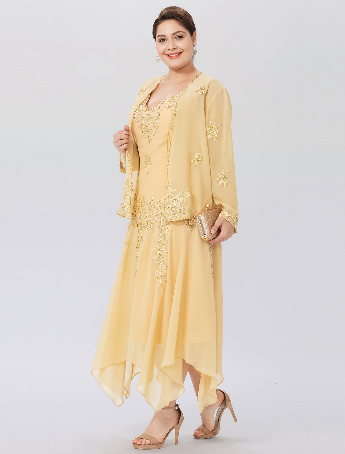 A-Line Mother of the Bride Dress Formal Plus Size Elegant High Low V Neck Asymmetrical Chiffon Beaded Lace Long Sleeve Wrap Included with Beading Appliques