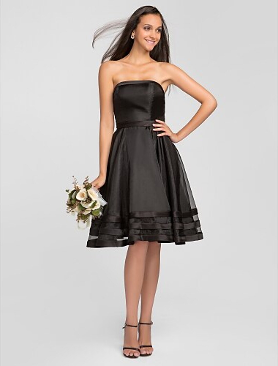 A-Line Strapless Knee Length Organza Bridesmaid Dress with Pleats Ruffles