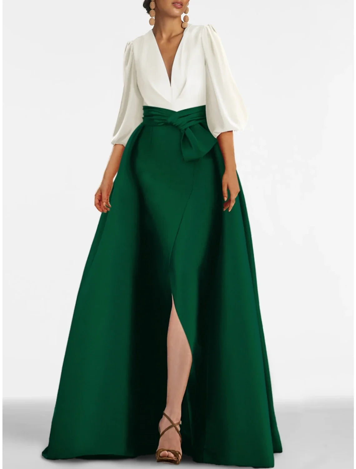 A-Line Evening Gown Elegant Dress Formal Sweep / Brush Train Half Sleeve V Neck Satin with Bow(s) Pleats Slit 2025