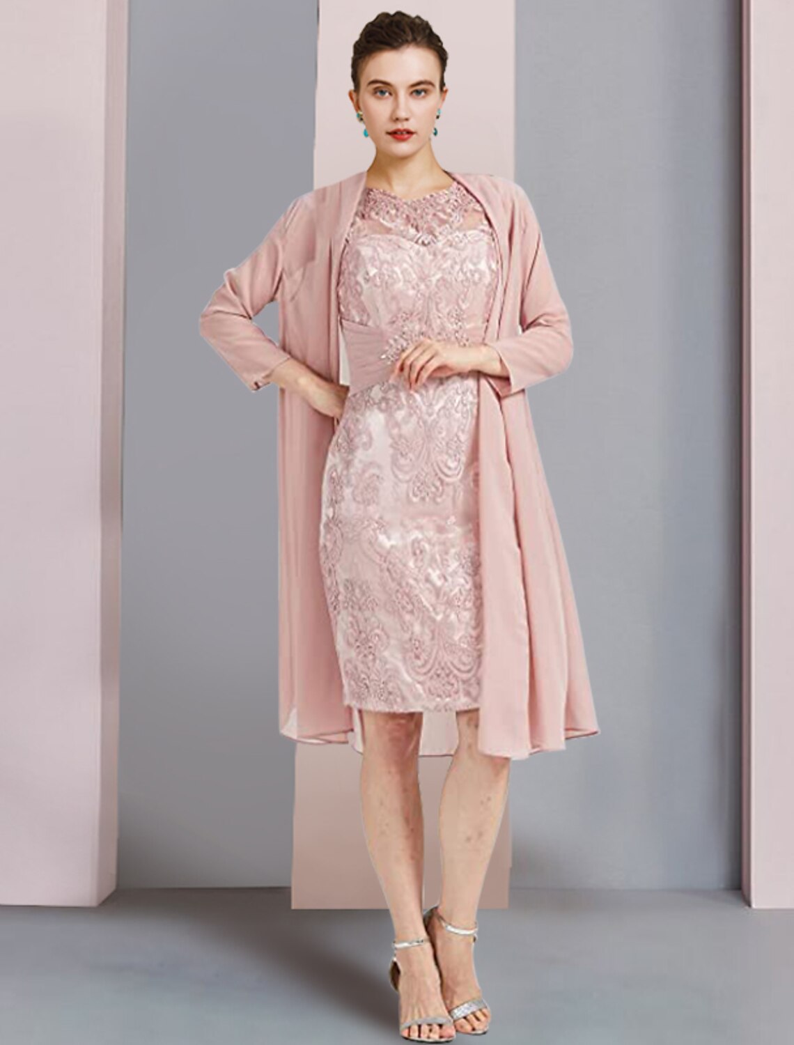 Aimishang  Two Piece Sheath / Column Mother of the Bride Dress Formal Wedding Guest Elegant Scoop Neck Knee Length Chiffon Lace Sleeveless Jacket Dresses with Beading Appliques