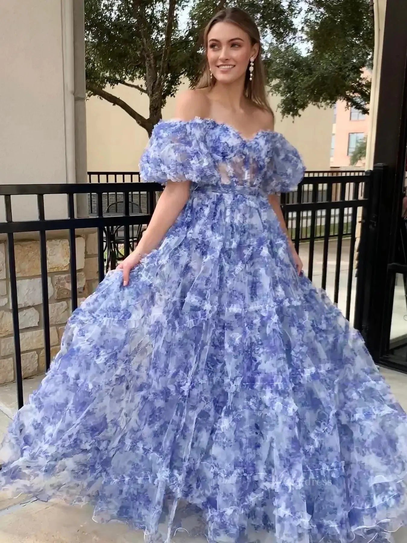 Floral Tulle Ruffled Prom Dresses 2025 Off the Shoulder Puffed Sleeve Formal Gown - FD5300