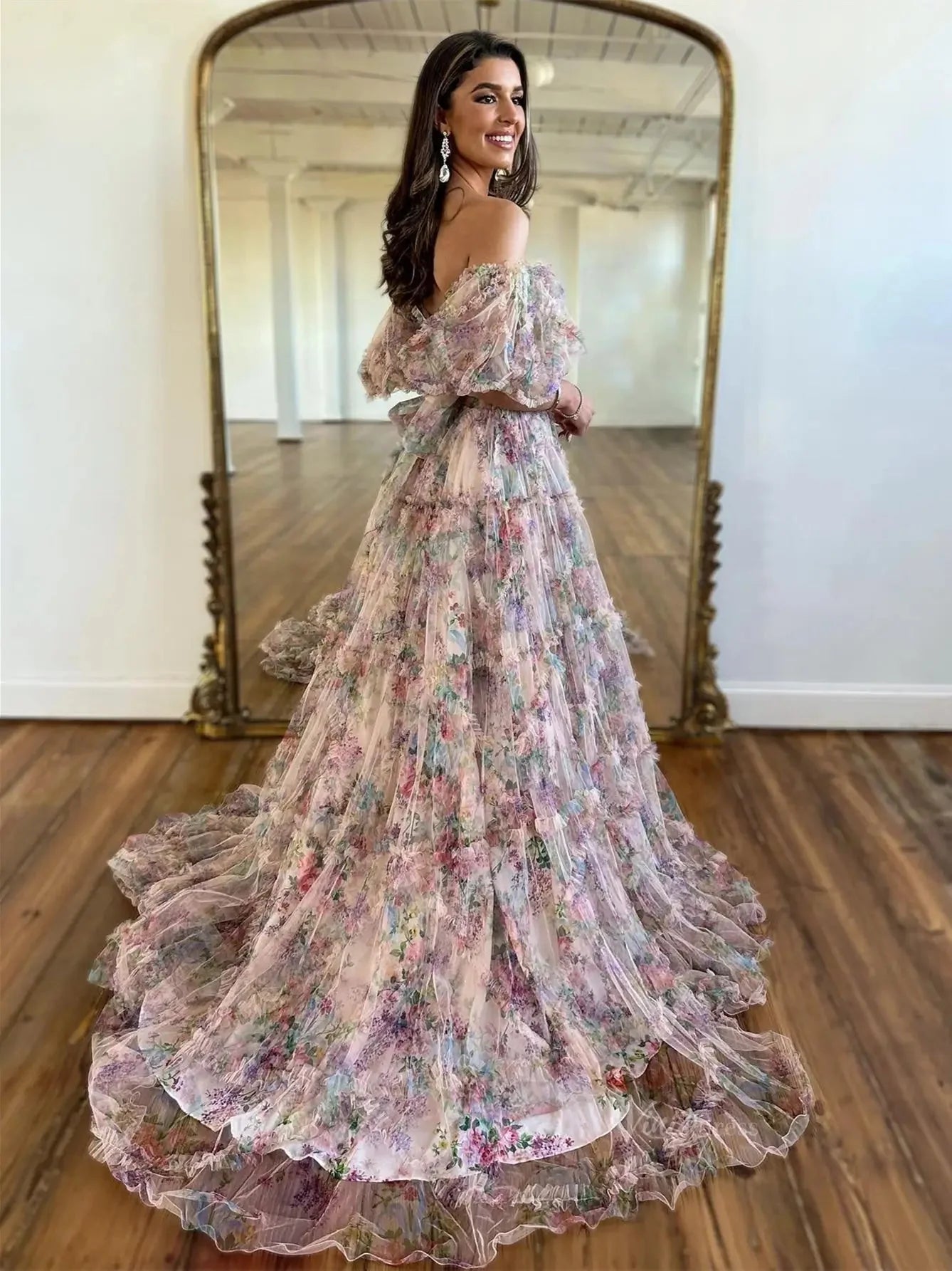 Floral Tulle Ruffled Prom Dresses 2025 Off the Shoulder Puffed Sleeve Formal Gown - FD5300