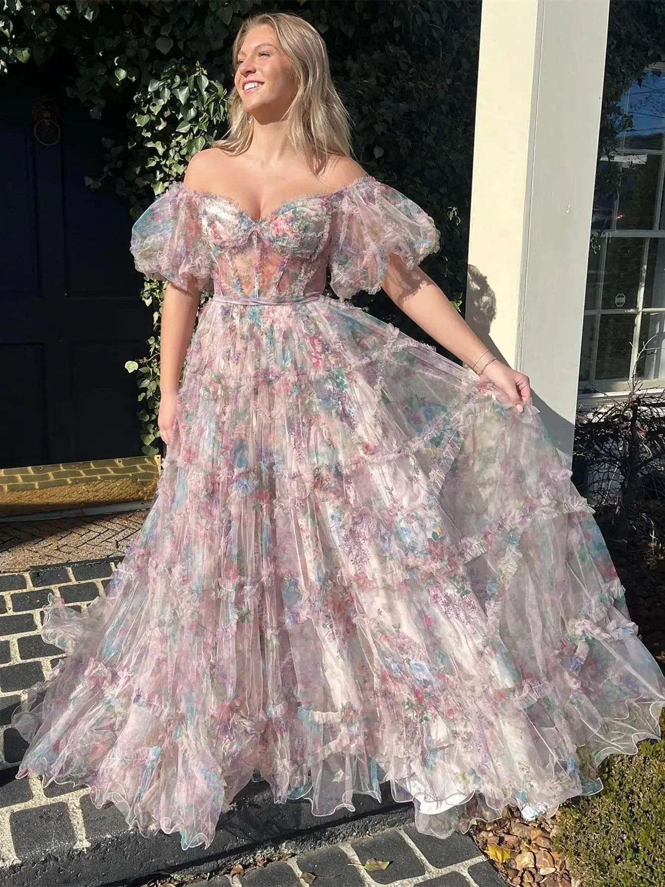 Floral Tulle Ruffled Prom Dresses 2025 Off the Shoulder Puffed Sleeve Formal Gown - FD5300