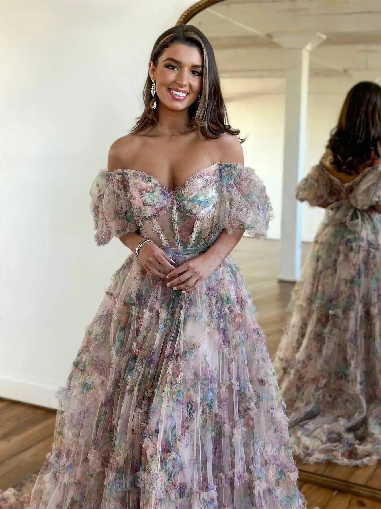 Floral Tulle Ruffled Prom Dresses 2025 Off the Shoulder Puffed Sleeve Formal Gown - FD5300