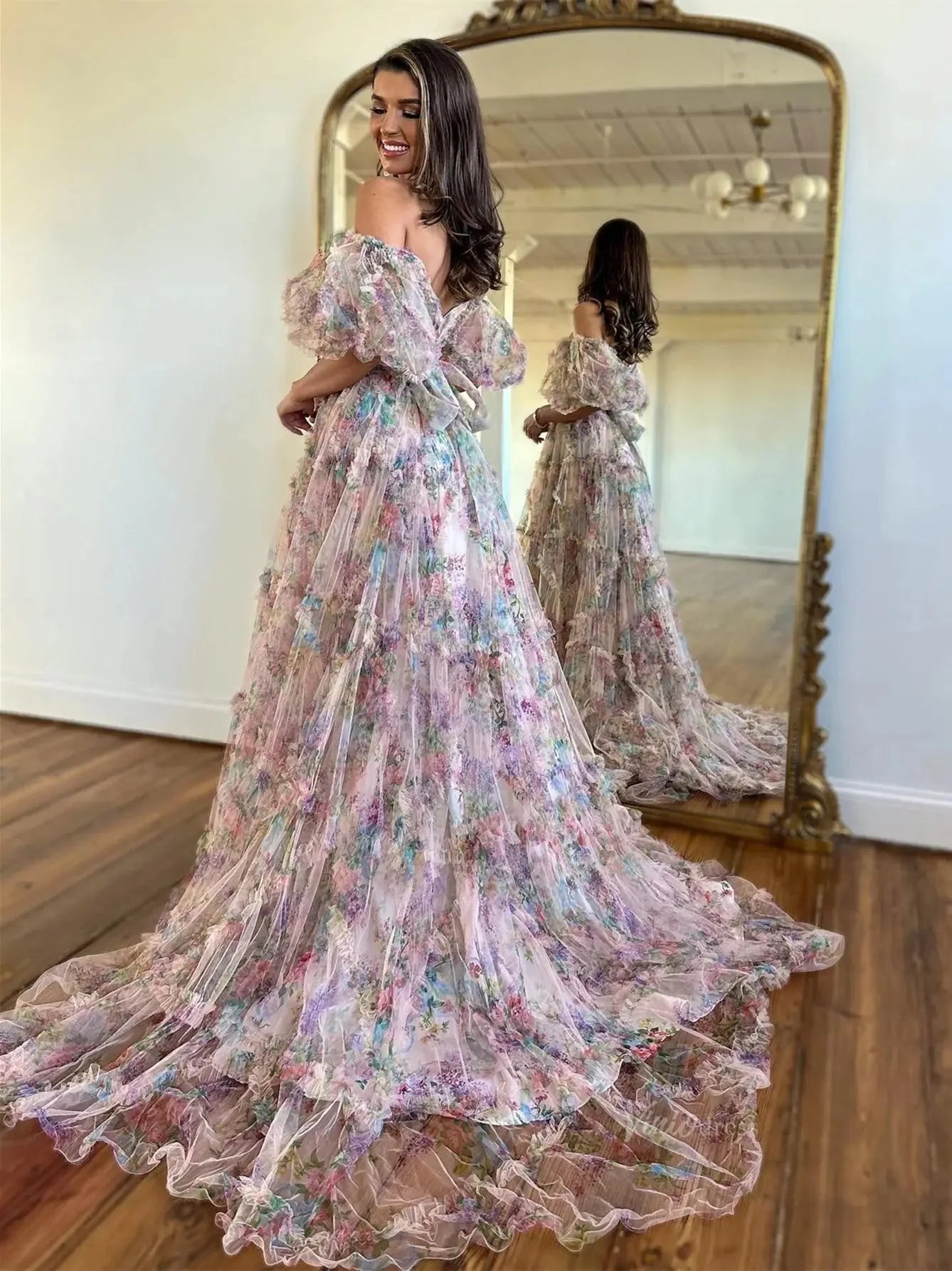 Floral Tulle Ruffled Prom Dresses 2025 Off the Shoulder Puffed Sleeve Formal Gown - FD5300