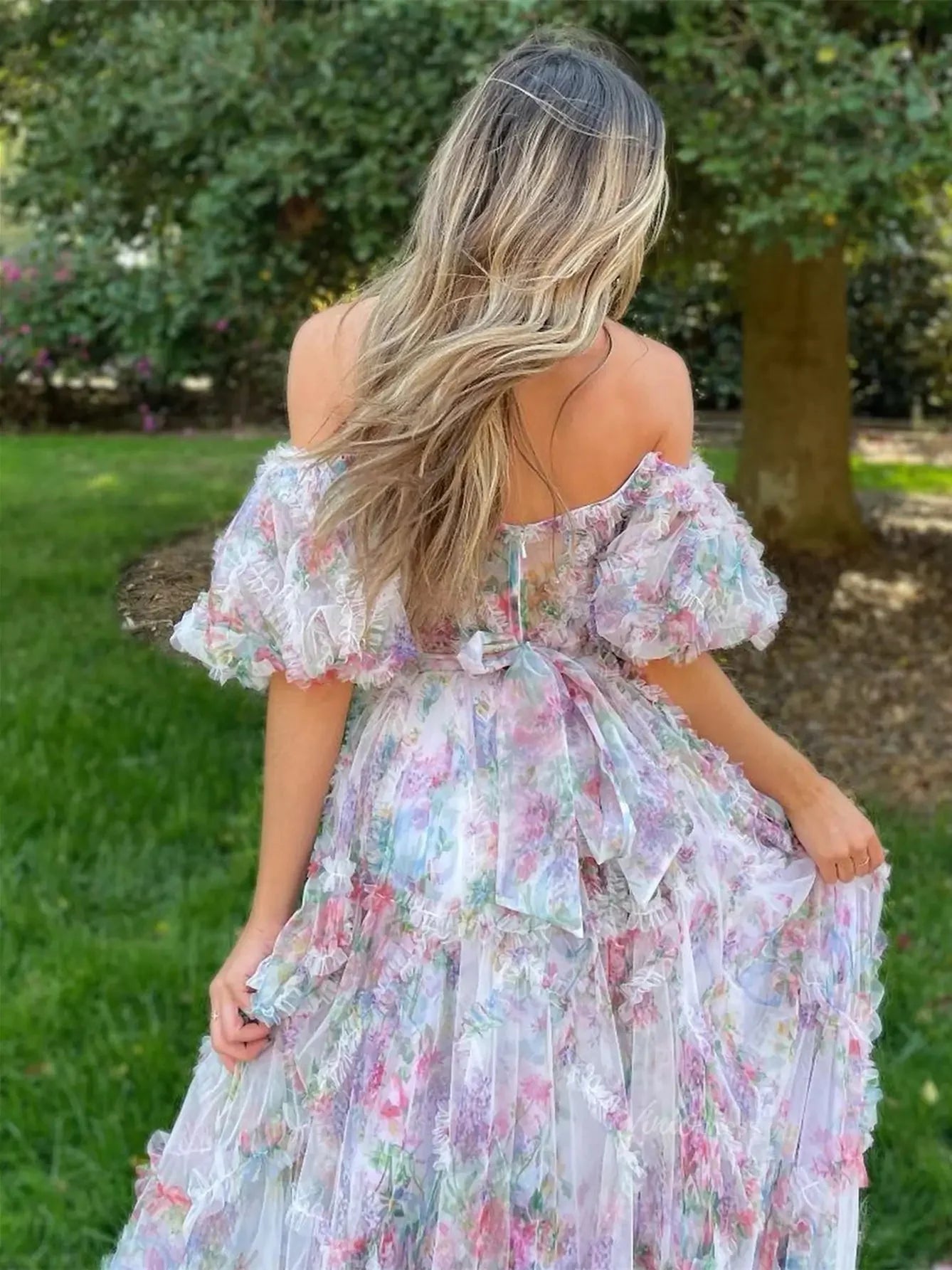 Floral Tulle Ruffled Prom Dresses 2025 Off the Shoulder Puffed Sleeve Formal Gown - FD5300