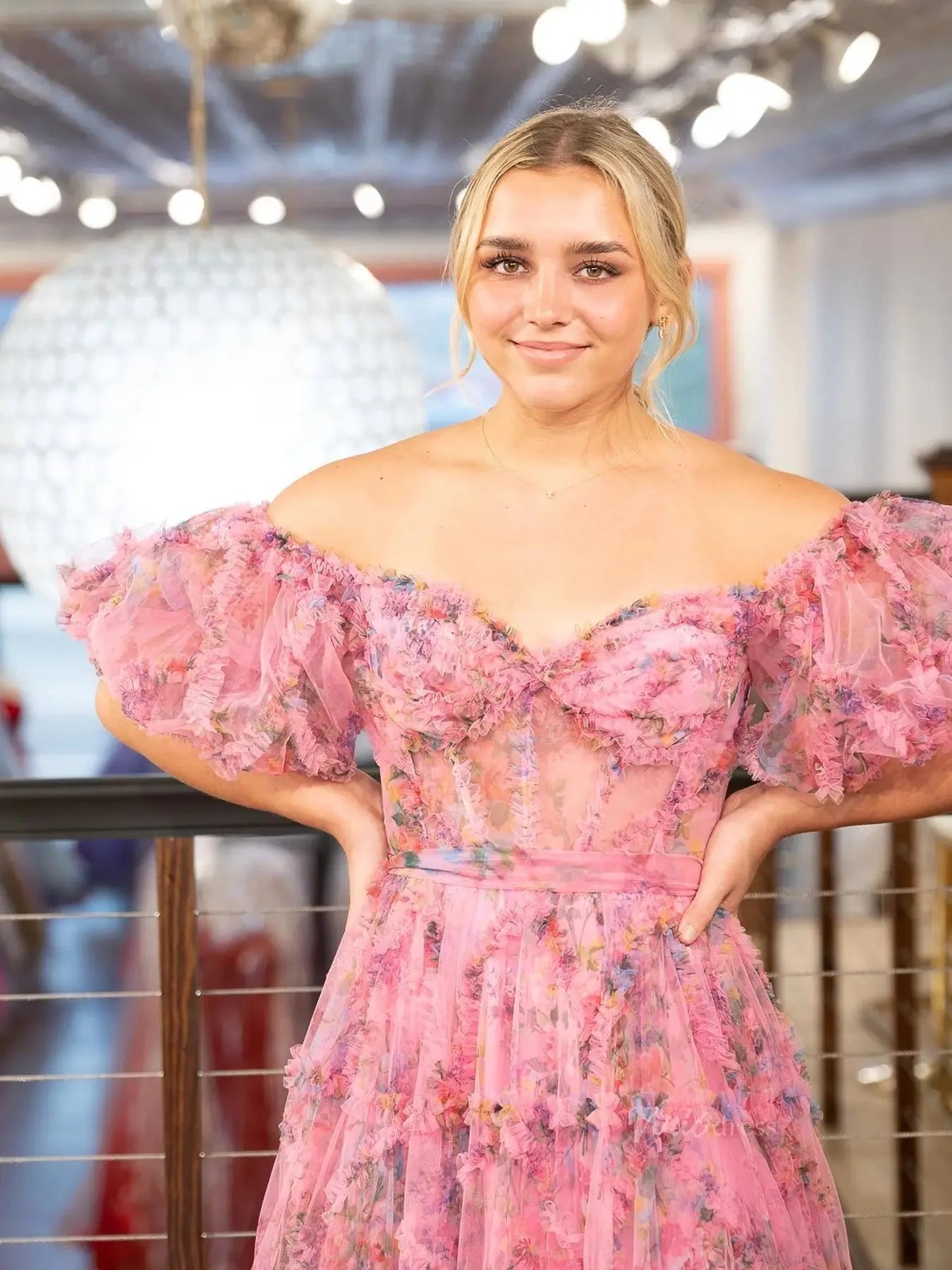 Floral Tulle Ruffled Prom Dresses 2025 Off the Shoulder Puffed Sleeve Formal Gown - FD5300