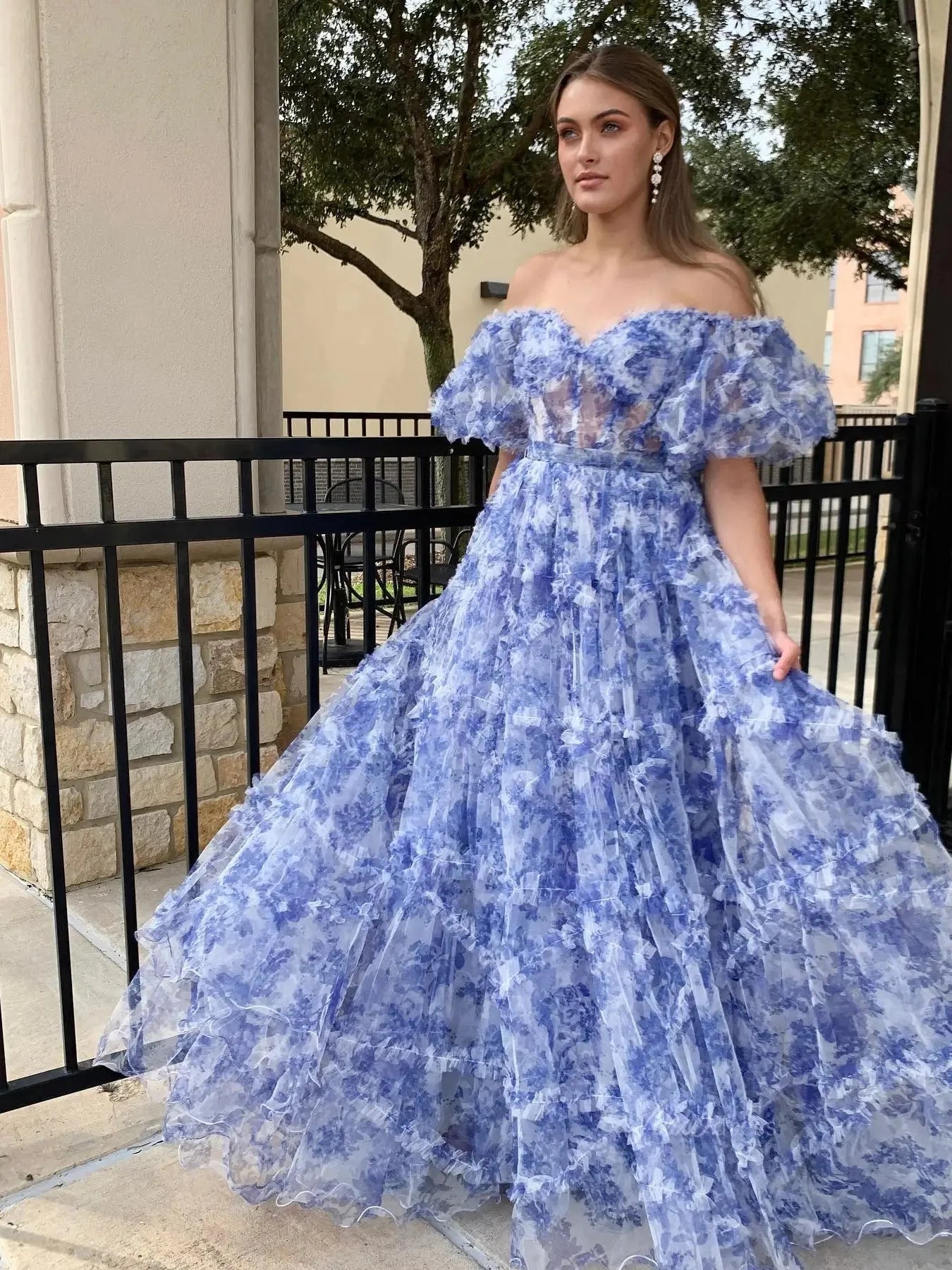 Floral Tulle Ruffled Prom Dresses 2025 Off the Shoulder Puffed Sleeve Formal Gown - FD5300