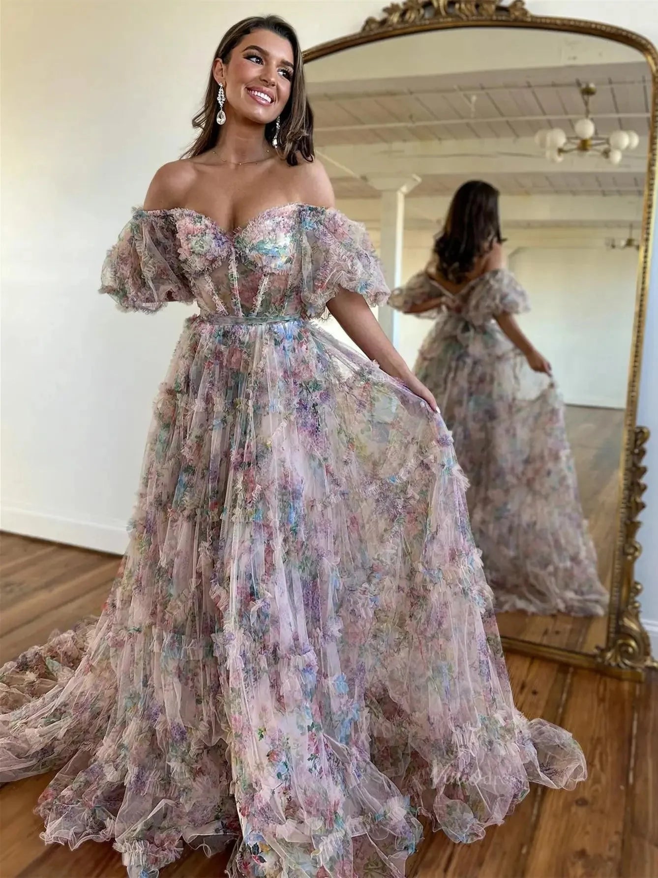Floral Tulle Ruffled Prom Dresses 2025 Off the Shoulder Puffed Sleeve Formal Gown - FD5300