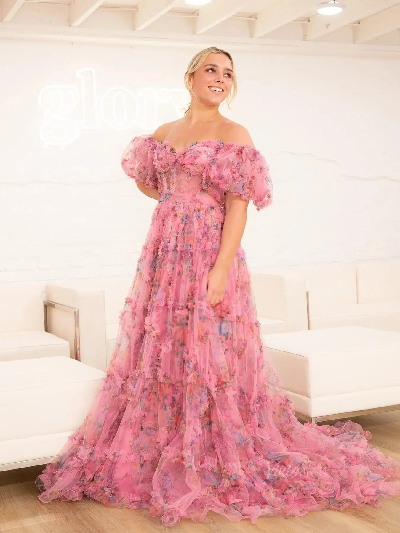 Floral Tulle Ruffled Prom Dresses 2025 Off the Shoulder Puffed Sleeve Formal Gown - FD5300