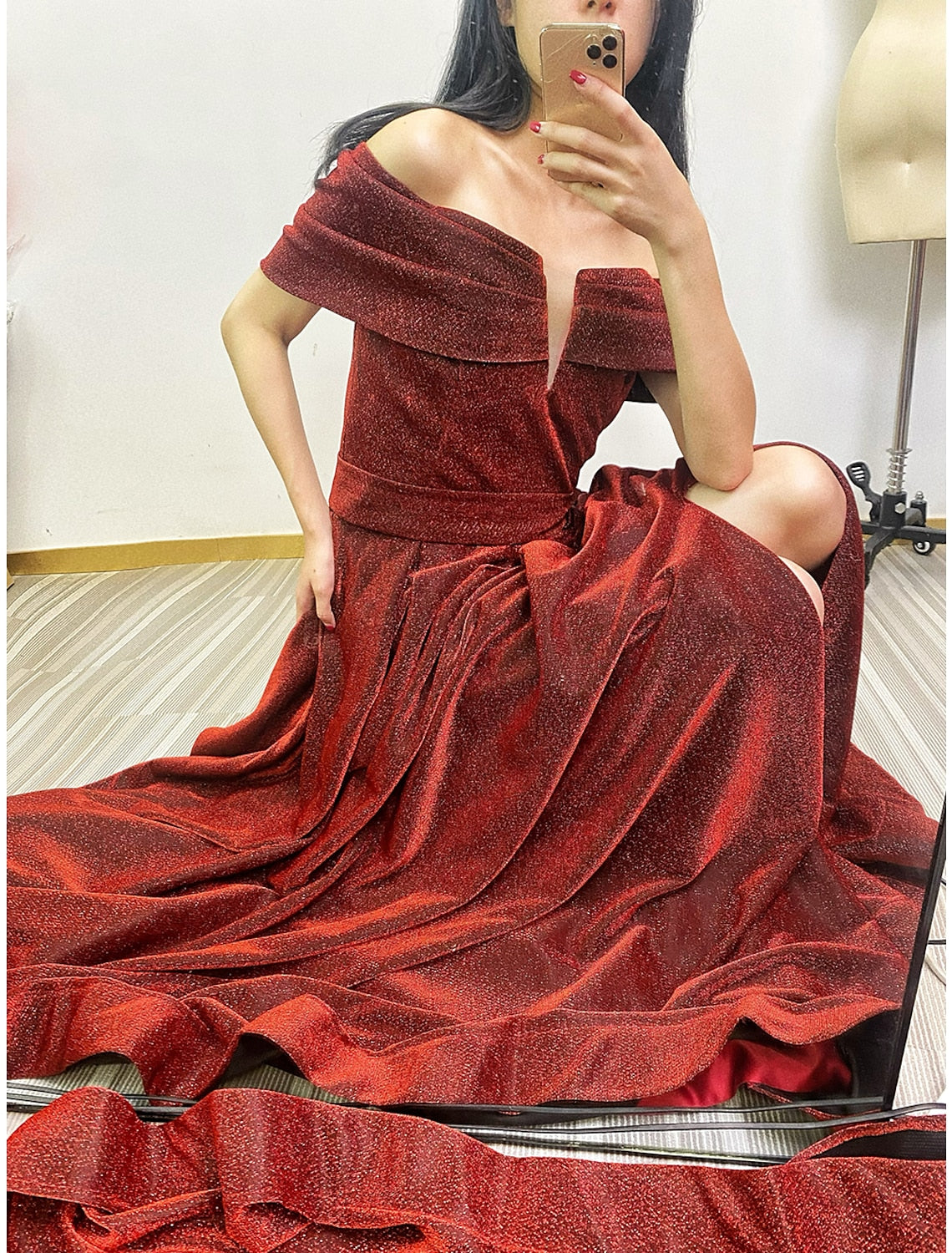 A-Line Evening Gown Sparkle & Shine Dress Formal Fall Court Train Sleeveless Off Shoulder Sequined with Sequin Slit