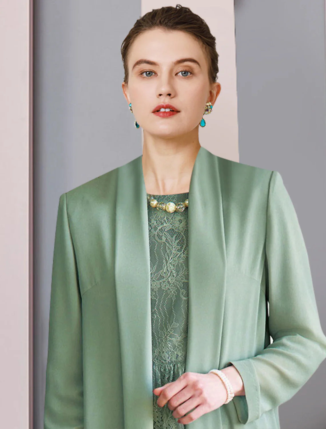 Aimishang  Two Piece Sheath / Column Mother of the Bride Dress Formal Wedding Guest Party Elegant Scoop Neck Tea Length Chiffon Lace 3/4 Length Sleeve Jacket Dresses with Solid Color
