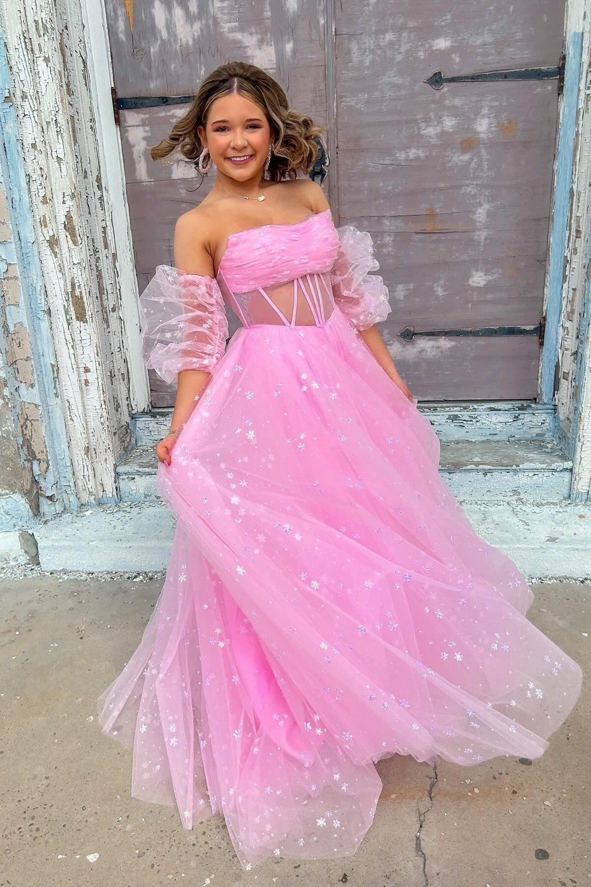 A Line Sparkly Blue Tulle Long Sweetheart Prom Dresses