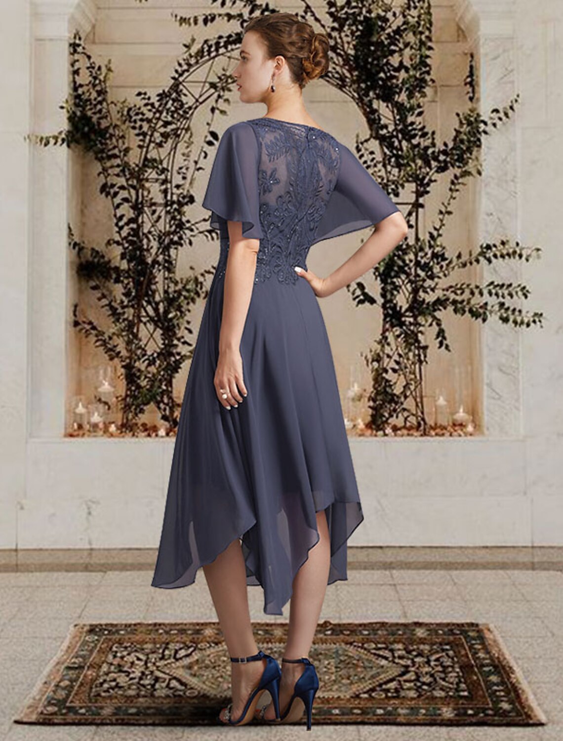 Aimishang A-Line Mother of the Bride Dress Elegant High Low Jewel Neck Asymmetrical Tea Length Chiffon Lace Short Sleeve with Appliques