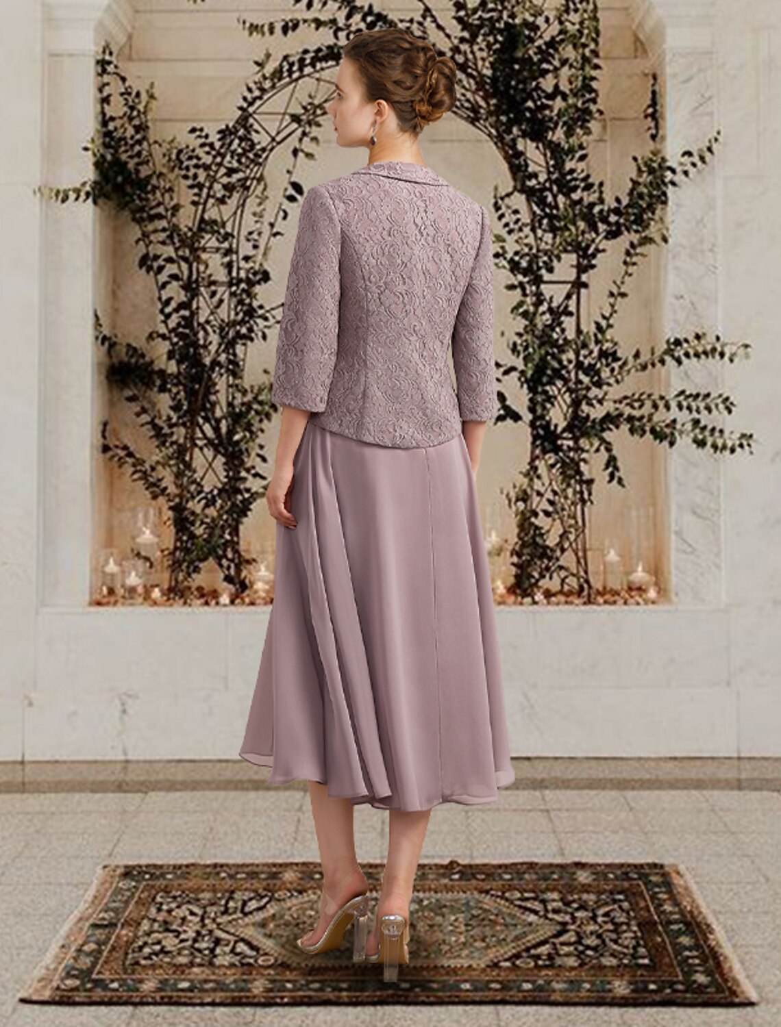 Aimishang  Two Piece A-Line Mother of the Bride Dress Church Elegant Jewel Neck Floor Length Tea Length Chiffon Lace Sleeveless Short Jacket Dresses with Ruffles Appliques