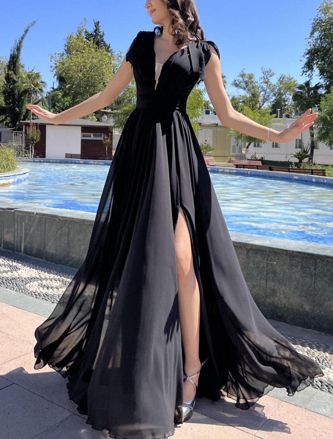 Aimishang A-Line Prom Dresses Elegant Dress Formal Prom Floor Length Sleeveless V Neck Chiffon with Strappy