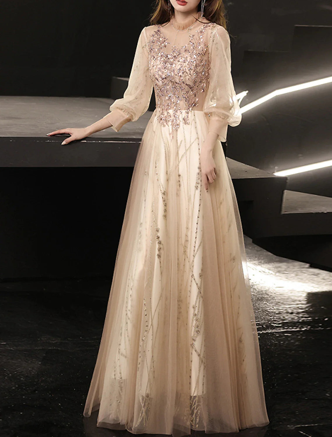 A-Line Prom Dresses Glittering Dress Wedding Guest Prom Floor Length Long Sleeve High Neck Tulle with Beading Appliques 2025