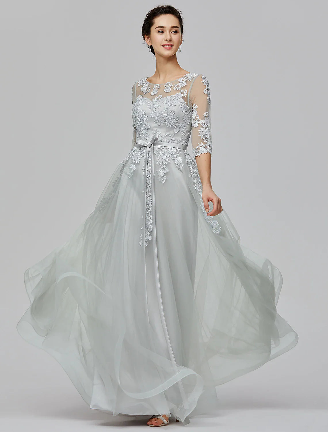 Wholesale A-Line Empire Dress Wedding Guest Prom Dress Floor Length Half Sleeve Illusion Neck Tulle with Bow(s) Appliques