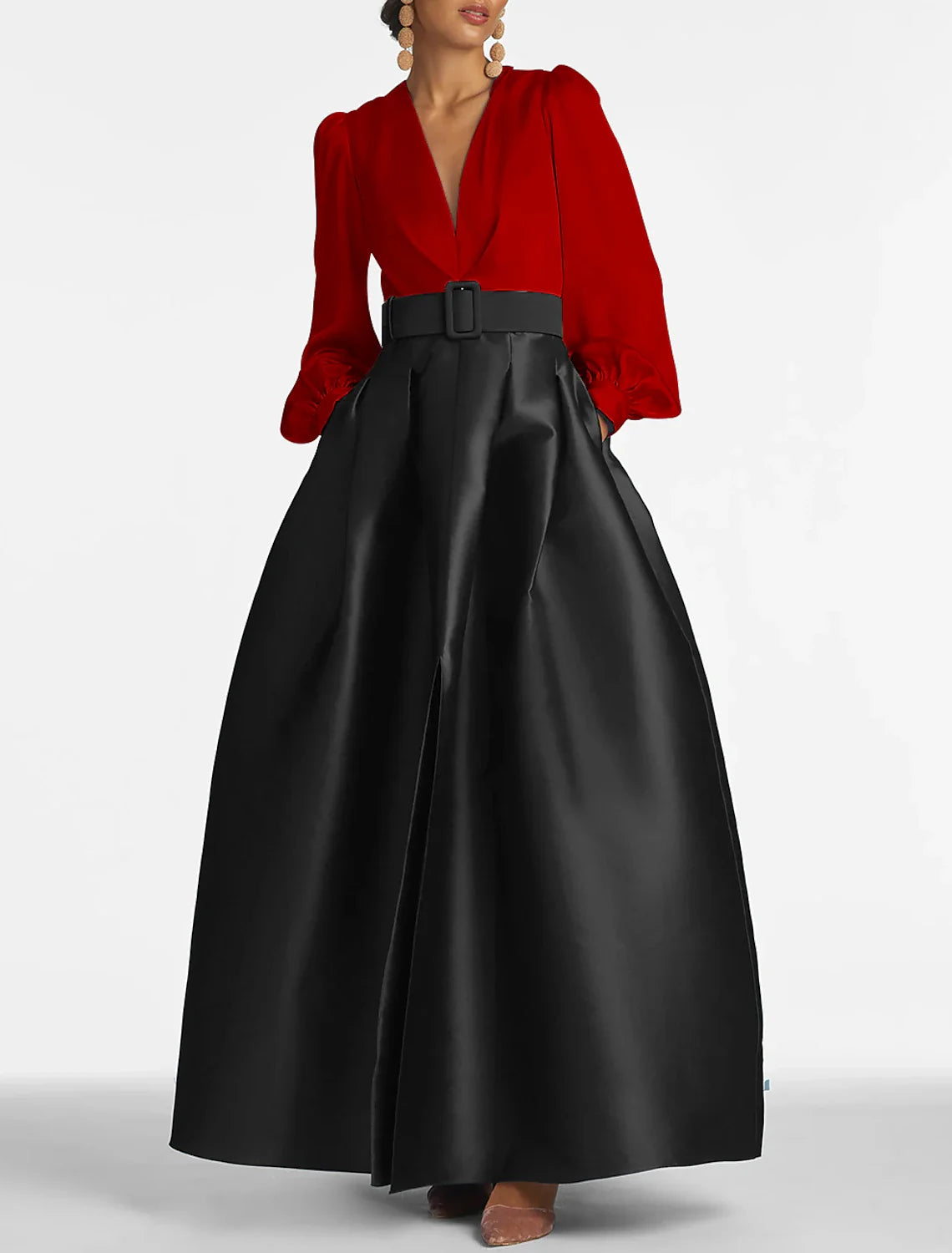 A-Line Evening Gown High Split Wedding Guest Dress Formal Fall Floor Length Long Sleeve V Neck Belt / Sash Satin with Pleats Slit