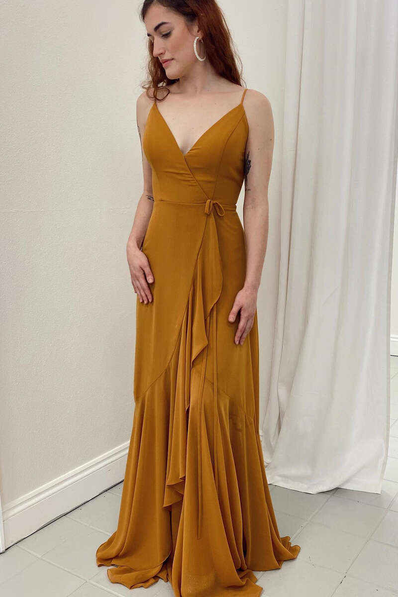 V-Neck Straps Pumpkin Ruffled Bridesmaid Dress