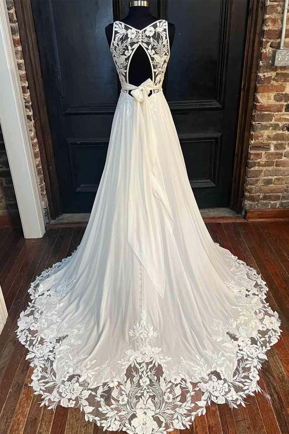 Cutout Lace Back White Straps Long Wedding Dress