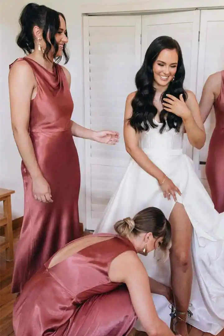 Blush Pink Cowl Neck Floor Length Bridesmaid Dress