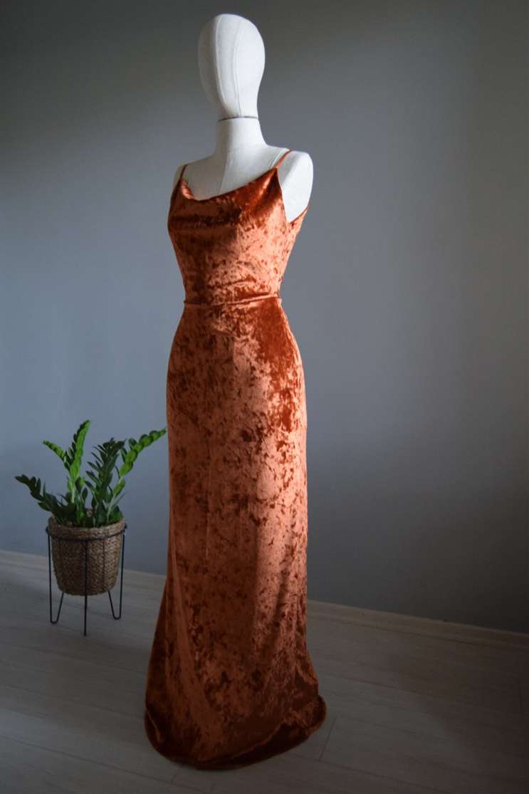 Cowl Neck Straps Burnt Orange Velvet Long Bridesmaid Dress