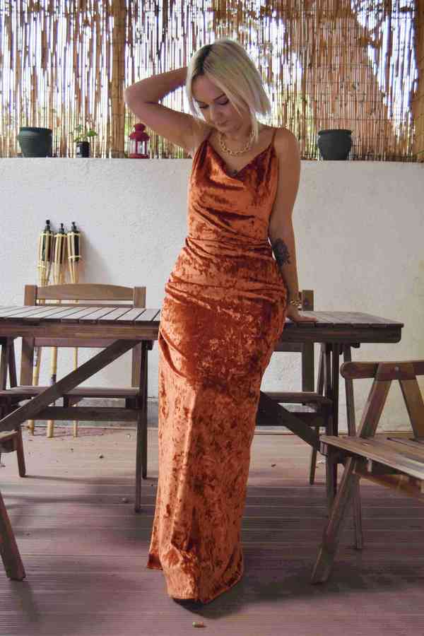 Cowl Neck Straps Burnt Orange Velvet Long Bridesmaid Dress