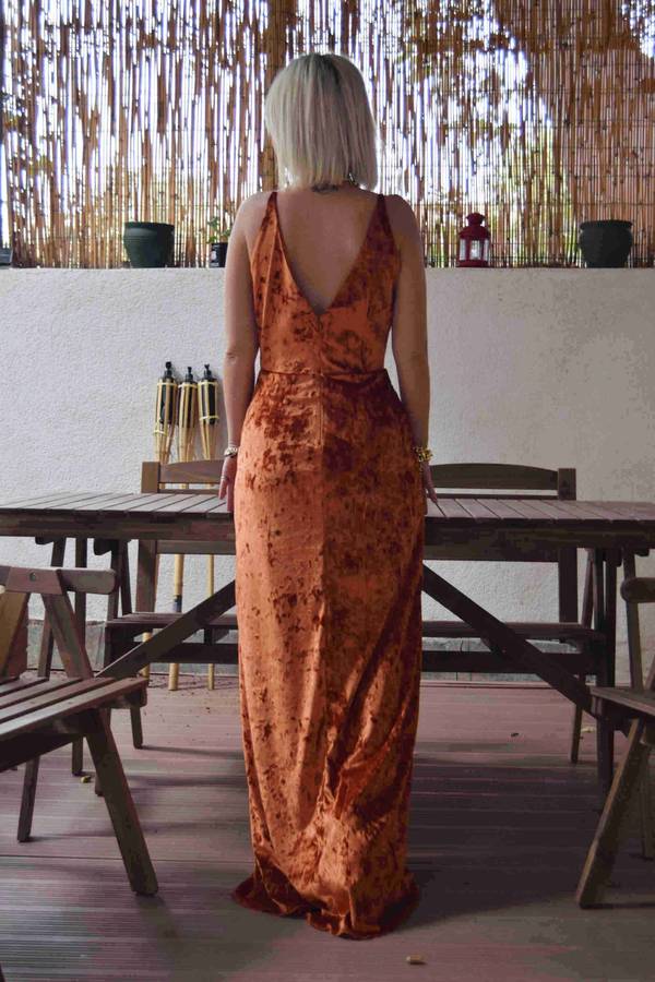 Cowl Neck Straps Burnt Orange Velvet Long Bridesmaid Dress