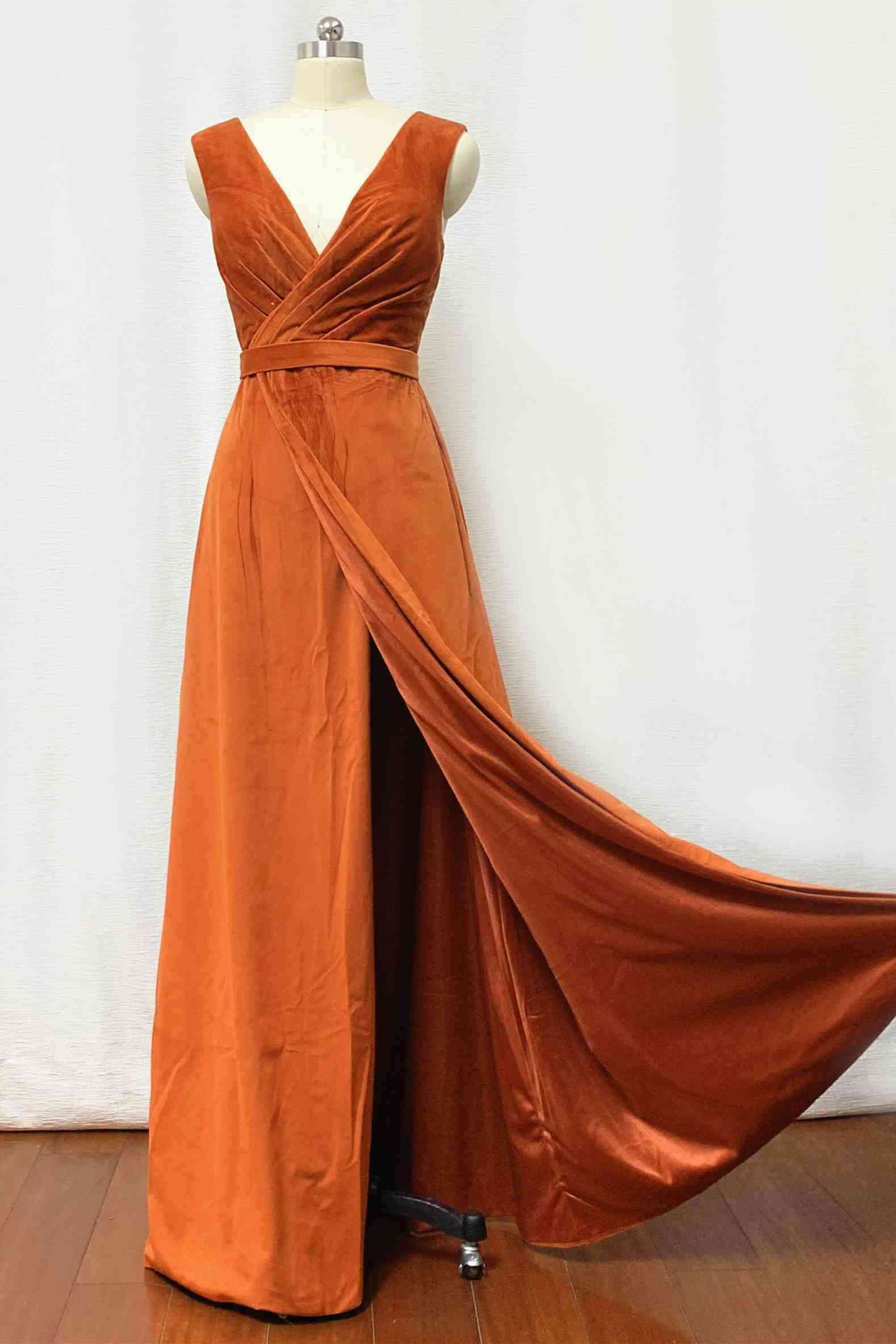 Burnt Oramge Pleated V-Neck Velvet Bridesmaid Dress with Belt
