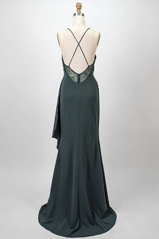 Straps Dark Green Pleated Long Bridesmaid Dress