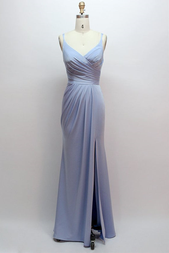 V-Neck Navy Satin Pleated Long Bridesmaid Dress