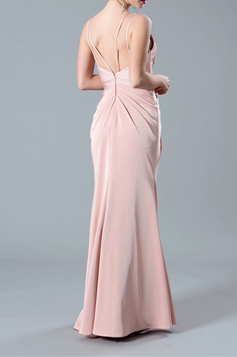 V-Neck Navy Satin Pleated Long Bridesmaid Dress