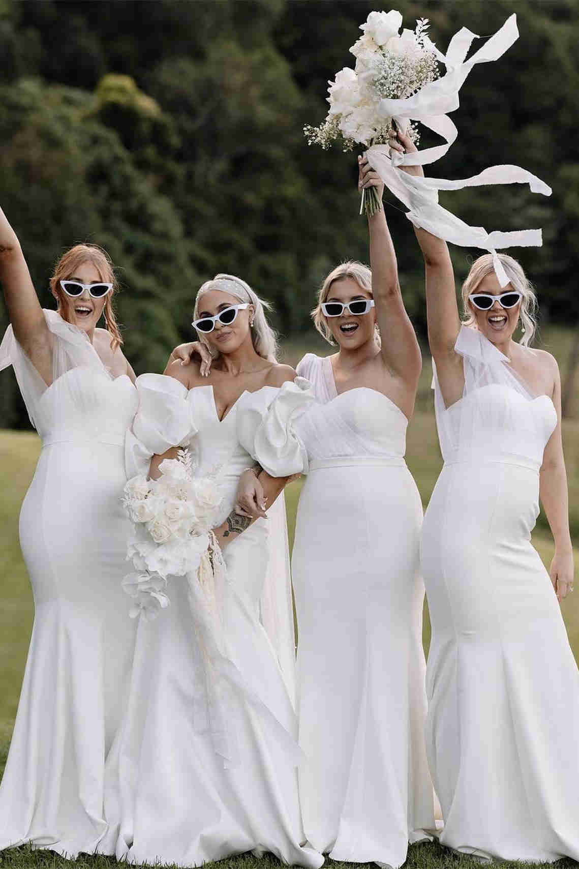 Tie Shoulder White Satin Mermaid Long Bridesmaid Dress