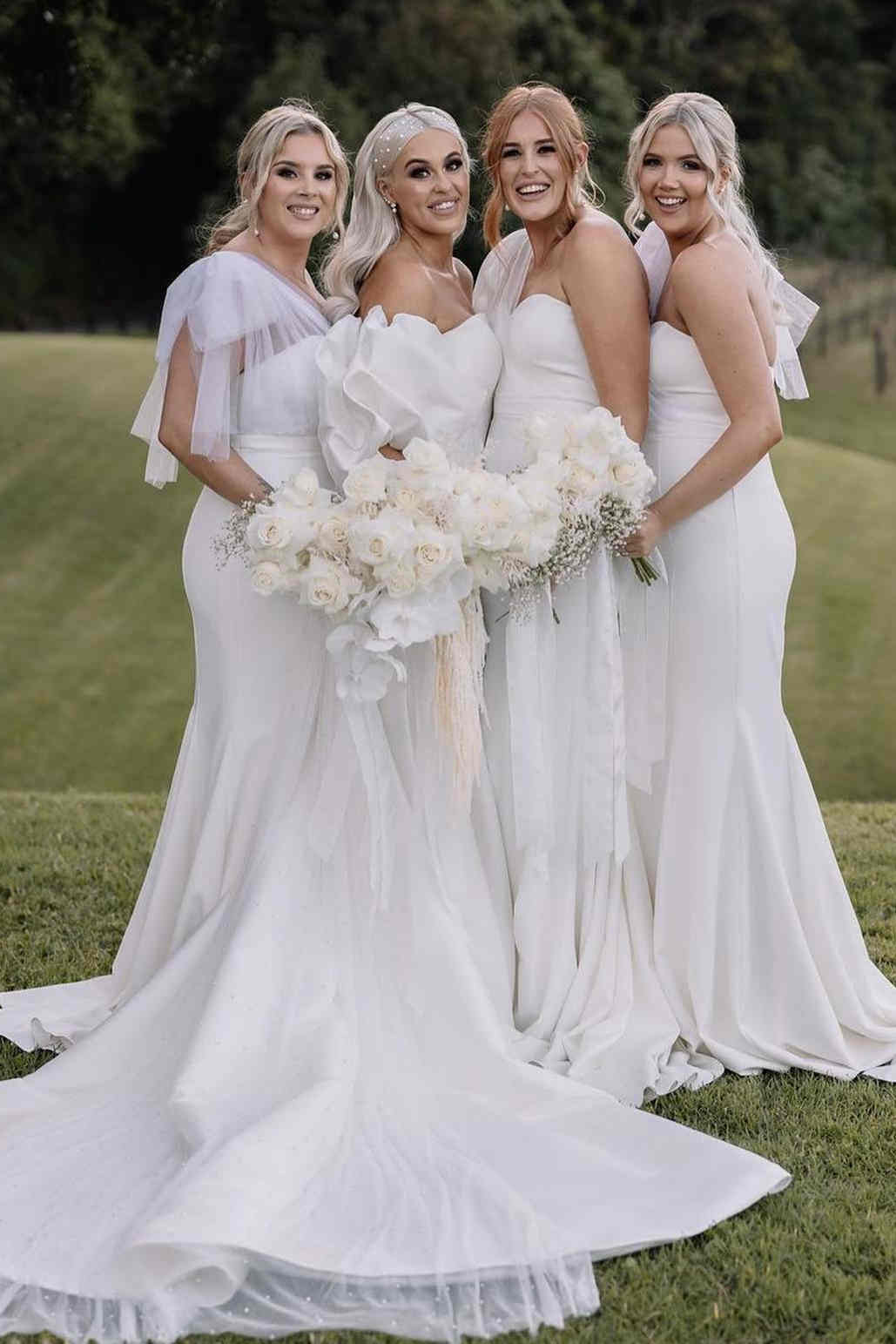 Tie Shoulder White Satin Mermaid Long Bridesmaid Dress