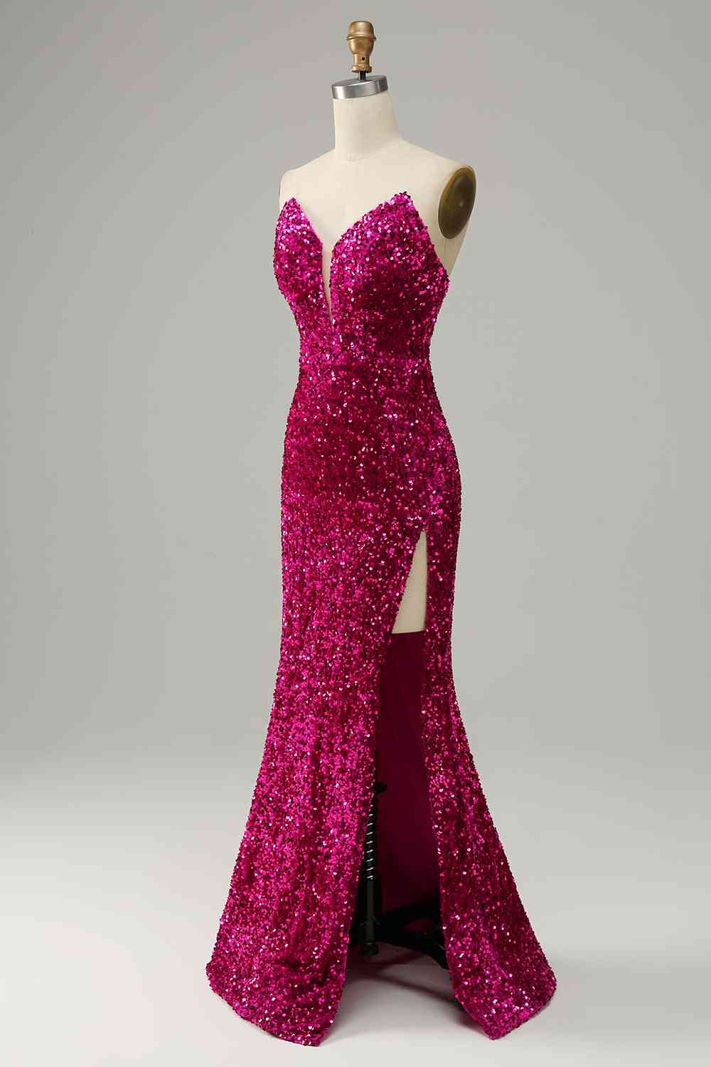 Fuchsia Strapless Sequins Long Prom Dress with Slit