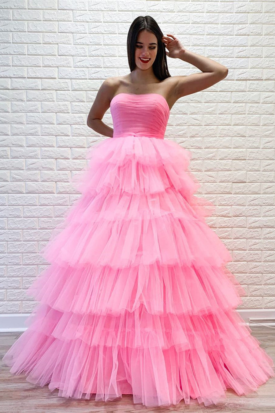 A-line Strapless Pleated Multi-Layers Tulle Long Prom Dress