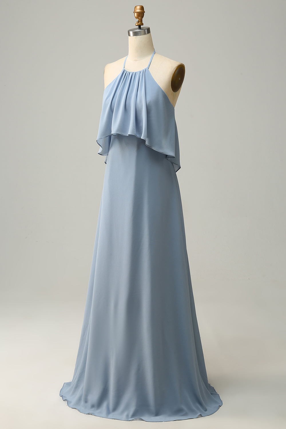 Halter Dusty Blue Bohemian Chiffon Bridesmaid Dress