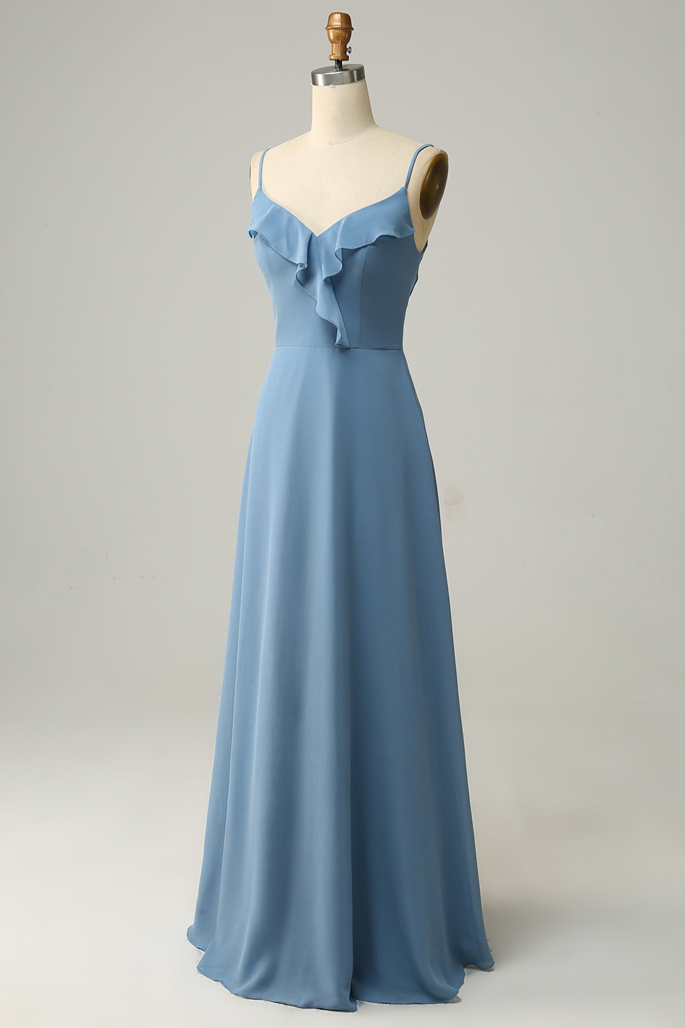 Strap Dusty Blue Ruffle A-Line Bridesmaid Dress