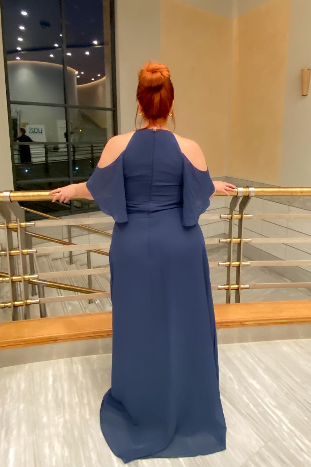 Off the Shoulder Navy Blue Keyhole Chiffon Bridesmaid Dress