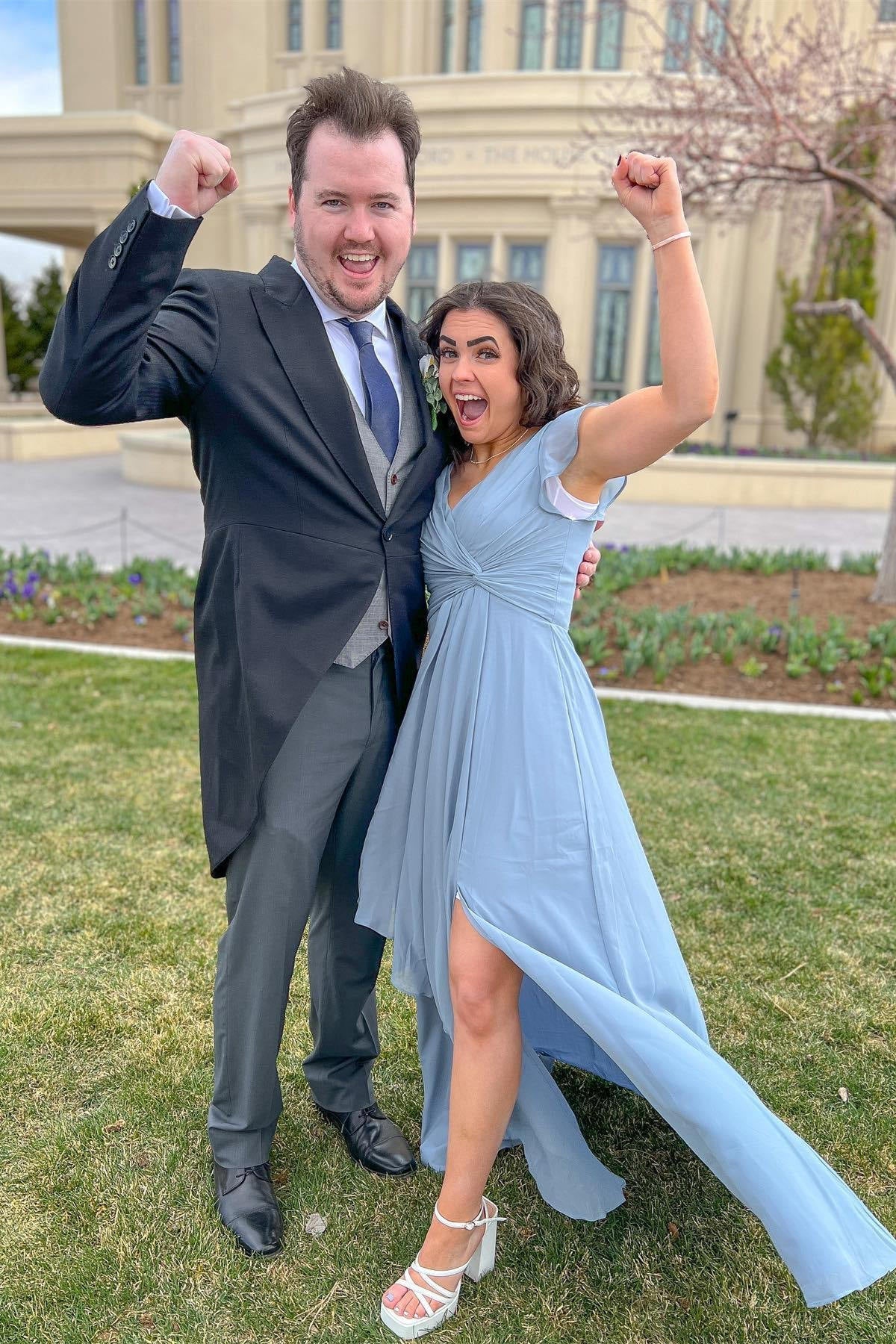 Dusty Blue V-Neck Pleated Chiffon Bridesmaid Dress