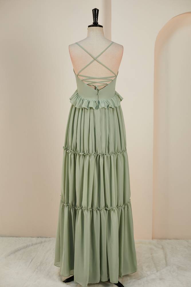Straps Sage Green Pleated Long Bridesmaid Dress