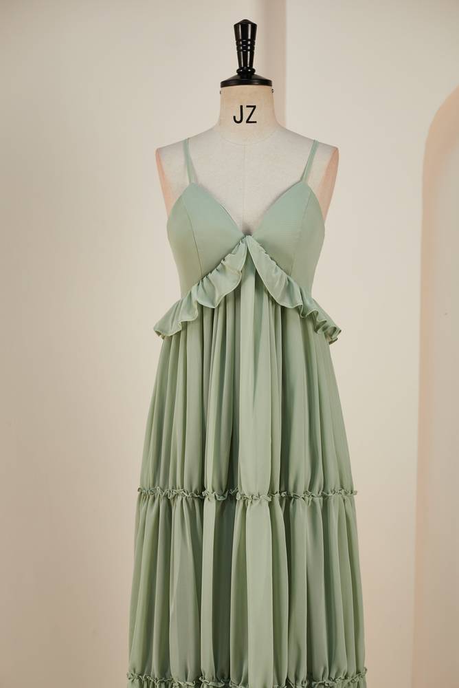 Straps Sage Green Pleated Long Bridesmaid Dress