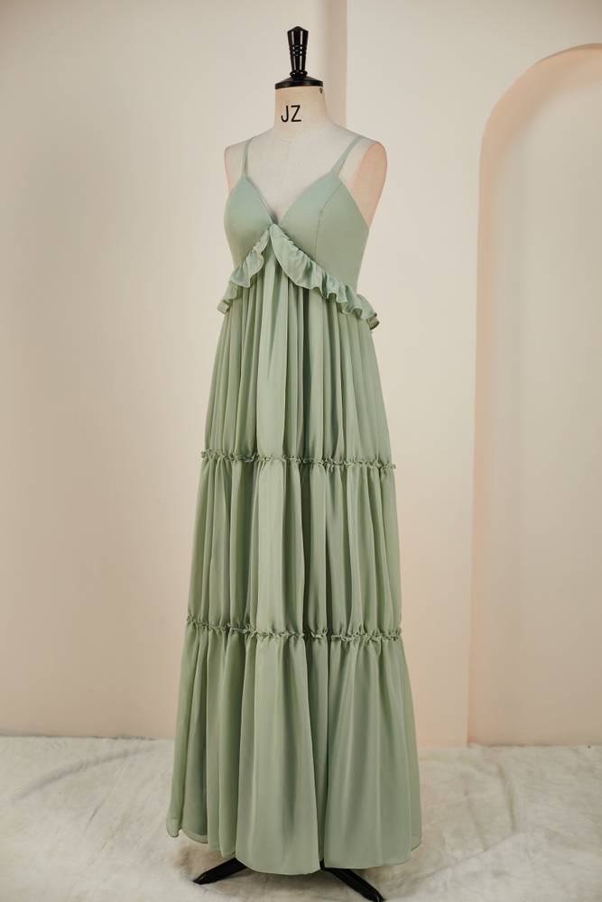 Straps Sage Green Pleated Long Bridesmaid Dress