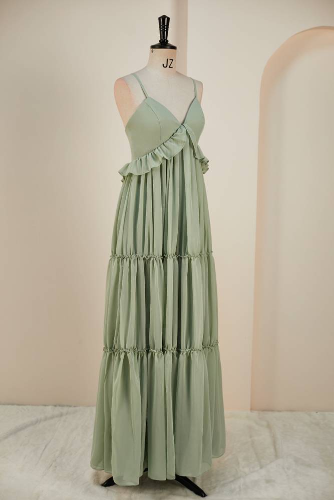 Straps Sage Green Pleated Long Bridesmaid Dress