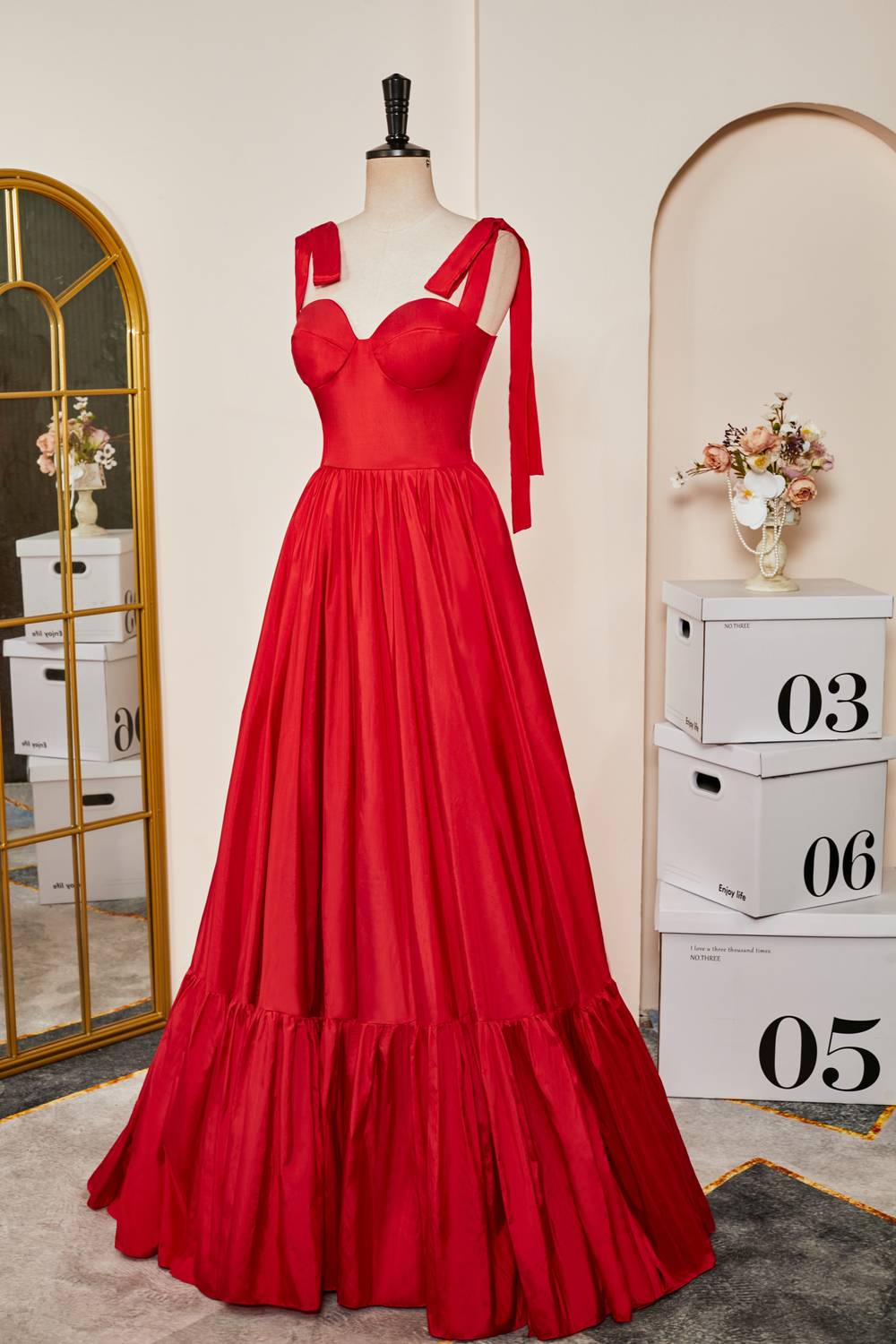 Tie Straps Red Corset A-Line Long Prom Dress